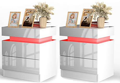PIPIPOXER 2er Set Nachttisch mit LED Beleuchtung, Nachttisch Weiß Hochglanz mit 2 Schubladen, Nachtschrank LED mit 16 Farbe RGB Licht für Wohnzimmer, Schlafzimmer, Weiß