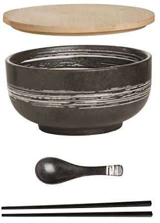 Cteahrow Set di ciotole in ceramica per ramen (4 pezzi) con bacchette a cucchiaio ， scodella per zuppa grande da 1100 ML, insalatiere per zuppa, ciotola per pho e sushi (Set di ciotole grigie)