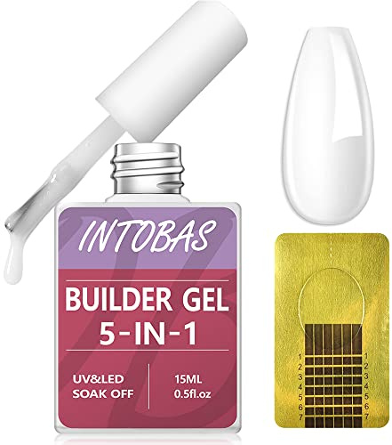 INTOBAS Kit Gel Ricostruzione Unghie Professionale 5 In 1, Builder Gel Unghie-15ml, Smalto Semipermanente Bianco Latte, Rubber Base Gel Unghie Con Cartine 100 Pezzi Per Acrigel Ricostruzione Unghie