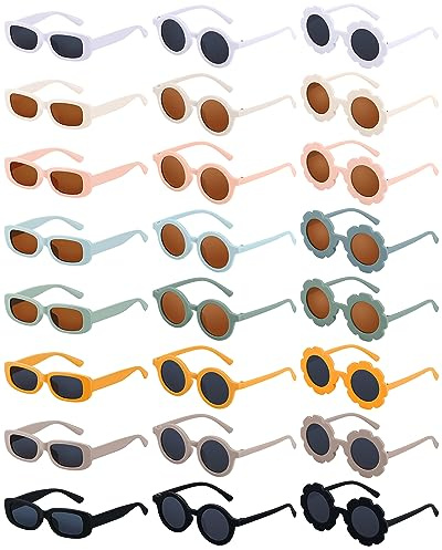 Xuhal 24 Pairs Kids Retro Rectangle Round Flower Sunglasses - Vintage Cute Sunglasses for Toddler Girls & Boys - Beach & Party Eyewear, 3 Styles