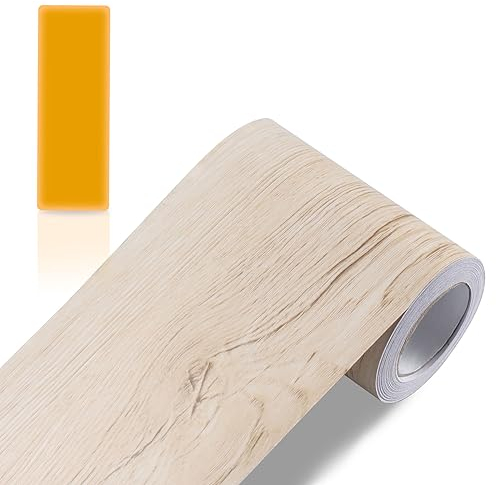 Bordure de papier peint autocollant Feuille Couleur du grain du bois Frise Murale Adhesive Bordure imperméable en PVC Plinthe amovible Décoration Murale pour cuisine salle de bain (Érable blanc)