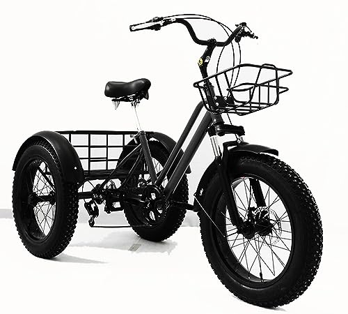 Kcolic 20 Zoll Fat Tire Dreirad Für Erwachsene, 7 Gänge 3 Räder, Fahrradplane Einkaufskorb Breitere Sitze, Cruiser Fahrräder Für Erwachsene Mit Verstellbarem Lenker B,20inch