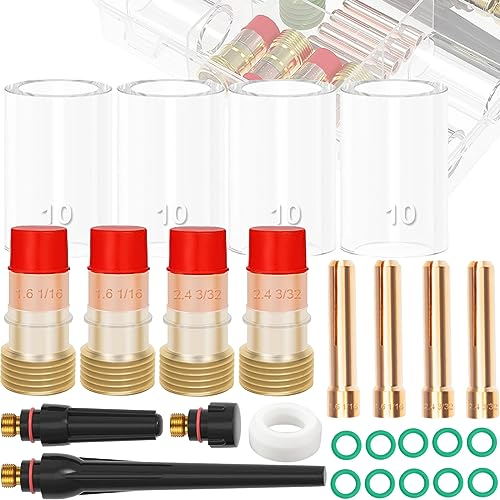 EATBALE 26Pcs for TIG Welding Torch Gas Lens #10 for Pyrex Glass Cup Kit Collets Body Stubby Gas Lens & Stubby Collet 1.6mm 2.4mm, Back Cap, Insulator for WP-17/18/26 TIG Welding Torch Accessories Kit