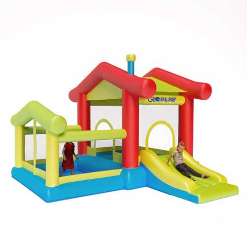 GIOPLAY Casa Gonfiabile per Bambini con Scivolo e Area Giochi, Struttura Rimbalzante da Giardino, Rosso e Verde