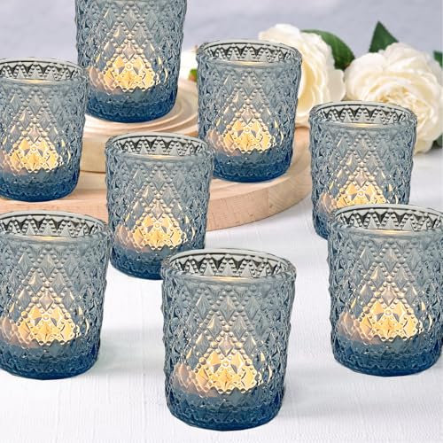 Lot de 8 photophores en verre pour centre de table, décoration de mariage, maison, fête (bleu)