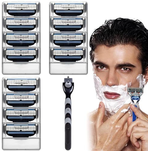 AHEJIOO 12 Stück Mach 3 Klingen, Kommt Mit 1 Ersatzgestellen, Mach 3 Rasierklingen Für Herren, Ersatzklingen Für Nassrasiere, Rasierklingen Rasierhobel,Für Eine Glatte Rasur, Hautschonende Technologie