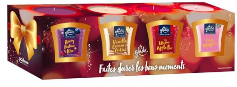 Glade Coffret Bougies de Noël - Edition Limitée – 4 parfums inédits Infusés aux Huiles Essentielles - Sans Huile de Palme - Cadeau pour Femme – 4 Bougies X 27 heures de combustion