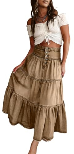 SUIUOI Denim A-linje kjol, jeanskjol med tylllager, lång jeanskjol i tyllstil, BRUN, M