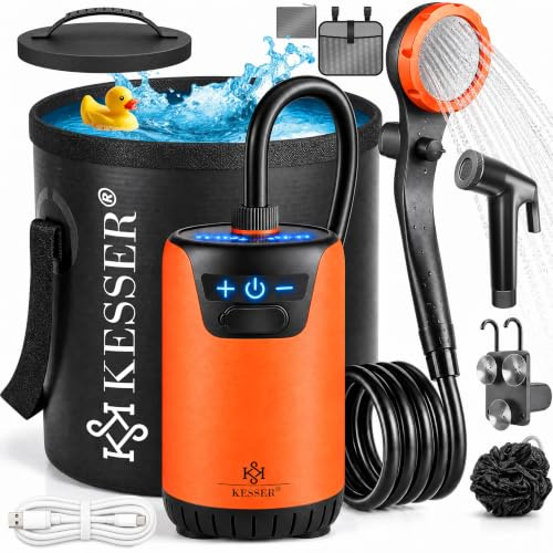 KESSER® Douche de camping solaire avec pompe et batterie rechargeable 8000mAh Douche mobile | Ensemble de douche de camping comprenant un pommeau de douche réglable, un tuyau de 2m, une pistolet à eau