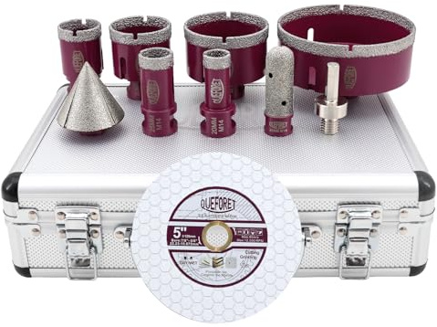 QUEFORET Brocas para Porcelánico 10 Piezas - 20/25/35/50/68/110mm x M14 Corona de Diamante, 20mm Fresa, 50mm Broca de Chaflán, Aadaptador, 125mm Disco Diamante para Azulejos Cerámica Mármol Granito
