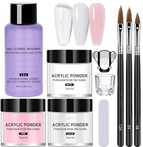 Acrylic Nail Kit Large Capacity Set,Acrylic Powder with Nail Brush, 3 Colors Pink Nudes Clear Nail Acrylic Powder - Acrylic Liquid set Acrylic Nails Extension for Beginners,Nail File Nails Extension