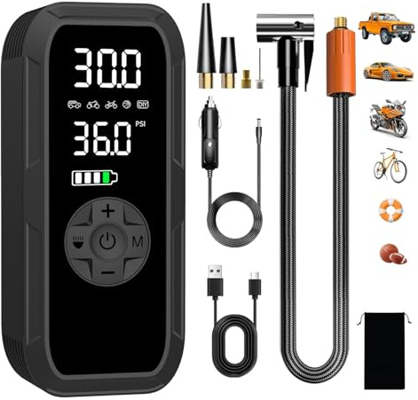 Vulisox Corded/Cordless Tyre Inflator Portable Air Compressor, 6000 mAh 150PSI 12V DC Electric Tyre Pump with LED Lights, Auto Shut-Off, Rechargeable as Power Bank, for Car, Bike, Motorbike, Ball
