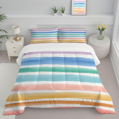 Edredón Relleno Nórdico Cama 180 Nórdico 4 Estaciones Estampado Rayas De Colores Edredón Estilo De Clipart Suave y Ligero con Fundas 230x260cm, Multicolor