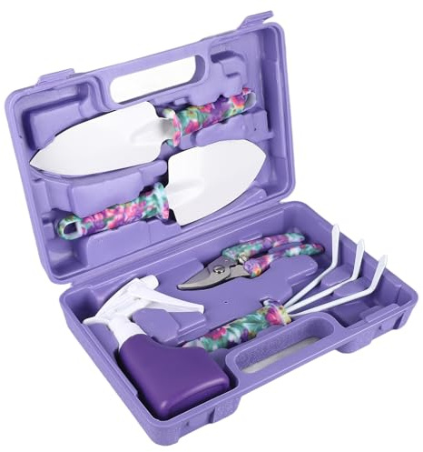 KIMISS 5 Pieces Garden Tool Set with Carrying Box/Cover – Cultivator Rake, Shovels, Pruning Shears, Spray Bottle for Easy Gardening