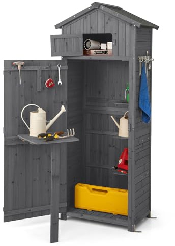 COSTWAY Gartenschrank Holz, Gerätehaus wetterfest, Geräteschuppen mit klappbarem Tisch & Tür & 8 Haken, Holzschuppen mit Satteldach, Geräteschrank Gartenschuppen, für Garten, Terrasse, Hof (Grau)