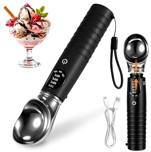 Cuchara de helado calentada, cuchara eléctrica desmontable para helado con 4 niveles de calor ajustables (40/50/60/70 ℃), cuchara de helado recargable con pantalla LED para helado duro congelado