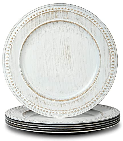 Kazozobi 13 Vintage Charger Plates, Beaded Chargers for Dinner Plates Set of 6, Charger Plates Bulk Wedding, White