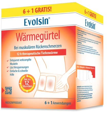 Evolsin - Cerotti riscaldanti per dolori muscolari alla schiena - 12 ore di calore terapeutico profondo per rilassare e sciogliere i muscoli - Fascia riscaldante pronta all'uso (6 + 1 applicazioni)