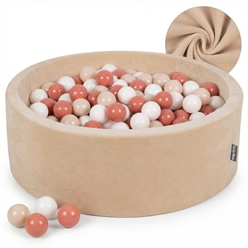 KiddyMoon Velluto Piscina di Palline 90X30cm/200 Palline ∅ 7CM per Bambini Tondo Fabbricato in EU, Beige Sabbia: Beige Pastello/Salmone/Bianco