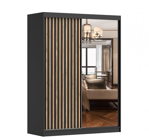 Kleiderschrank mit Lamellen und Spiegel Schwebetürenschrank 2-türig Schrank mit Einlegeböden und Kleiderstange Schiebtüren Schlafzimmer Wohnzimmerschrank 150x200x61 cm - LABI C1 (Schwarz, 150)