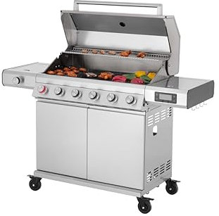 Tarrington House Barbacoa de Gas Glenwood con 6 + 1 Quemadores, Acero Inoxidable, Mesa Auxiliar, Encendido Piezoeléctrico, Termómetro Digital, Ruedas, Plateado