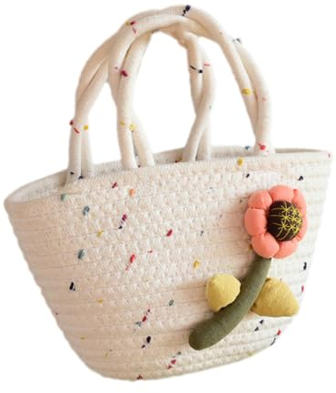 Whakano Bohemian-Stil Tote Bag Damen Groß Shopper Tasche aus Baumwolle,28 x 15 x 11cm,Gewebte Handbags Tragetasche Beuteltasche für Alltag Arbeit Büro Schule Einkaufen Reisen,Weiße rosa Blume