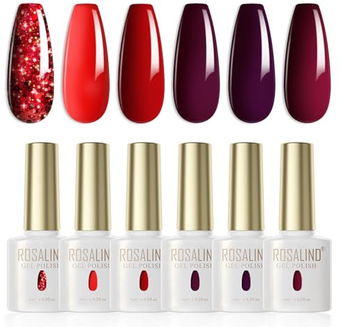 ROSALIND Esmaltes Semipermanentes Para Uñas Rojo,6 Colores Glitter Rojo Oscuro Granate Vino Pintauñas Semipermanentes Polish Kit Soak Off UV/LED Gel Uñas DIY Manicura Nail Art Set