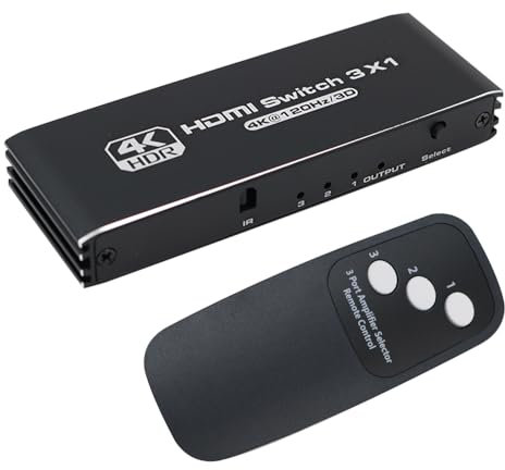 POFET Conmutador HDMI2.0 4K@120Hz, Tres entradas y una Salida, con Control Remoto, Apto para PS5/4, conmutadores, portátiles, decodificadores, televisores de PC, etc.