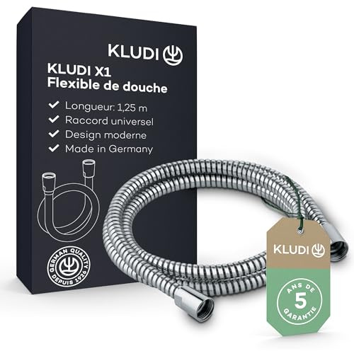 KLUDI-X1 tubo doccia universale 1,25 m, flessibile doccia con doppia protezione antitorsione, resistente al kink, attacco standard, tubo flessible doccia plastificato con effetto metallizzato