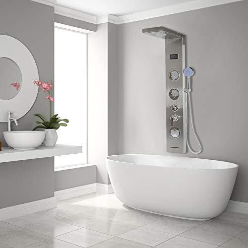 Colonne de Douche,Panneau de Douche Carré Multifonction Acier Inox 304 Mitigeur Douche Salle de Bain avec Écran LCD Affichage de La Température et Lumières LED,5 Modes D’eau, 6.5 * 20 * 123.5cm