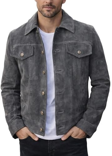 Fashion_First Giacca da camionista da uomo in pelle scamosciata, stile western cowboy, giacca in vera pelle, Grigio, 3XL