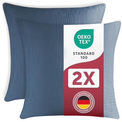 Blumtal Musselin Kissenbezug 80x80 cm 2er Set - Oeko-TEX zert. Kissenbezug Musselin aus 100% Baumwolle - extra weiches Kissen-Set waschbar bei 40 °C - atmungsaktive Sommer Kopfkissenbezüge Dunkelblau