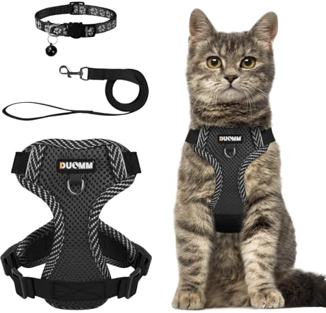 Dricar Harnais pour Chat Anti évasion Ensemble, Réglable Harnais et Laisses pour Chats, Confortable Respirant Harnais avec Bande Réfléchissante pour Chat, Chaton, Petit Chien, Noir L