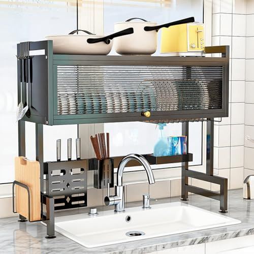 YUZINO Escurreplatos de gran capacidad, 3 niveles, escurridor para fregadero, escurridor de acero al carbono, escurridor de platos con soporte para utensilios y 6 ganchos para organización de cocina