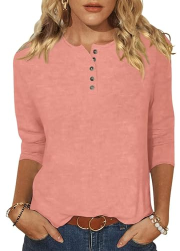 Camiseta de manga 3/4 para mujer, con botones, cuello Henley, casual, ajuste holgado, camiseta de capa base, camiseta de manga tres cuartos, blusas largas para mujer, tallas S-3XL, rosa, 3XL