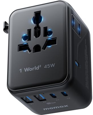 MOMAX Universell 45 W GaN snabbladdningsadapter - internationell reseadapter 7-i-1 (2 AC-uttag + 5 USB 3C/2A-portar) - kompatibel med EU, USA, Storbritannien och 200 länder