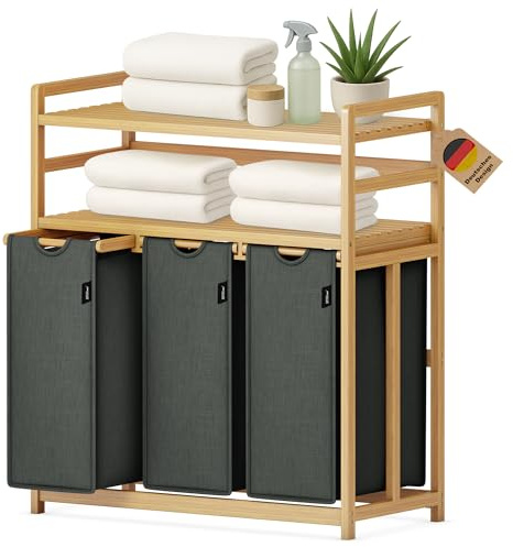 XMHome Wäschesammler 3 fächer 148 Liter aus Bambus mit 2 Ebenen Großer Wäschekorb mit Herausnehmbarem Wäschesack Rechteckige Wäschebox für Bad Schlafzimmer und Waschküche 77.5x41.3x100.5CM Dunkelgrau