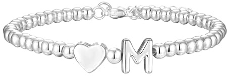 Aretas Initial Bracelets for Women Girls Silver Letter M Heart Pendant Bead Charm Bracelet Personalized Cuff Bangle Jewelry Christmas Birthday Gifts for Girls Daughter Sister Friends Jewellery