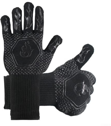 Guantes de soldadura resistentes al calor de 800 °C, fibra de aramida y silicona de doble capa para asar a la parrilla, hornear, cocinar y protección de soldadura industrial (negro)