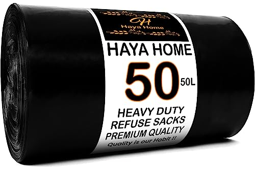 Haya Home 50L 50 Bin Bags Heavy Duty Bin Liners, Black Plastic Refuse Sacks large Garbage Waste Dustbin Bags for Kitchen Home Office DIY Garden from 100% Recycled Material