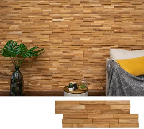 WoodyWalls 3D Wall Panels | Wood Planks are Made from 100% Teak | Each Wood Panel is Handmade and Unique | Premium Set of 10 3D Wall Decor Panels | DIY Wood Panels (9.5 sq.ft. per Box) Natural Teak