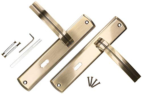 KOTARBAU® Juego de manillas para puerta, Manilla con bocallave en Zamak 72 mm, Manijas de puerta de placa rectangular larga, Manetas interior y exterior, Picaportes acabado cuero, Oro viejo
