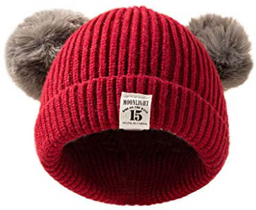 QinMMSPORTS Baby Mütze Kinder Warme Gestrickte Wintermütze mit Zwei Bommeln Perfekt Beanie für Winter und Autumn Winter Warme Rippstrickmütze Bunte Ohren Doppel-Pom-Mütze (Rot, Einheitsgröße)