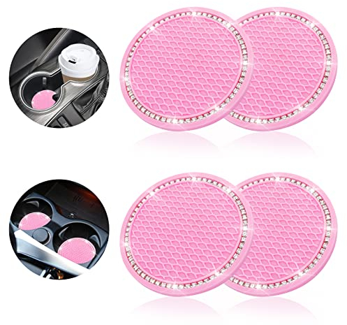 Cobee 4 Stück Bling Auto Untersetzer - Strass, Rutschfest, Silikon, Beliebter Getränkehalter Einsatz, Kristall Strass (Rosa)