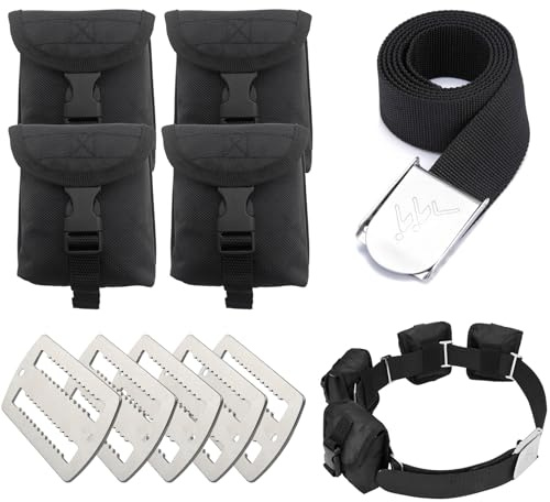 MOPHOEXII Ceinture de poids de plongée avec 4 poches détachables, boucle à dégagement rapide, poche de plongée + 5 supports de poids, sangle de plongée réglable pour tour de taille de 81 à
