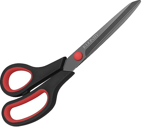 KUONIIY Forbici ultra affilate Rivestita in Titanio titanio con impugnatura morbida, forbici multiuso, rosso nero, 19,5 cm