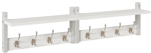 YMYNY Coat Rack Shelf Wall Mounted, Coat Hooks Set of 2, Entryway Coat Hanger with 4 Double Hooks, 80CM Wall Floating Shelf with Hat Rack, for Kitchen, Bedroom, Bathroom, White HWS001W-2