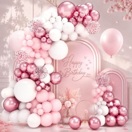 Pink Balloon Arch Kit - 106pcs Baby Pink and White Balloons Arch with Rose Confetti Balloons, Metal Peach Baloon for Birthday Party Decorations Baby Shower Girls Women Christening Wedding