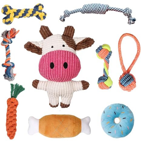 WDAFLG Giochi per Cani in Cotone Naturale, Set di 9 Pezzi, Peluche e Giocattoli in Corda per Cani di Taglia Piccola, Media e Grande, Interattivi, per Dentizione e Divertimento