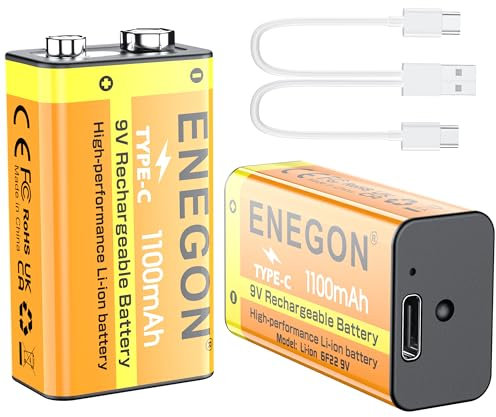 ENEGON Pack de 2 baterías 9V 1100mAh Recargables por USB-C con Carga rápida – Alto Rendimiento para Guitarras, Dispositivos de iluminación LED, detectores de Humo, micrófonos y más.